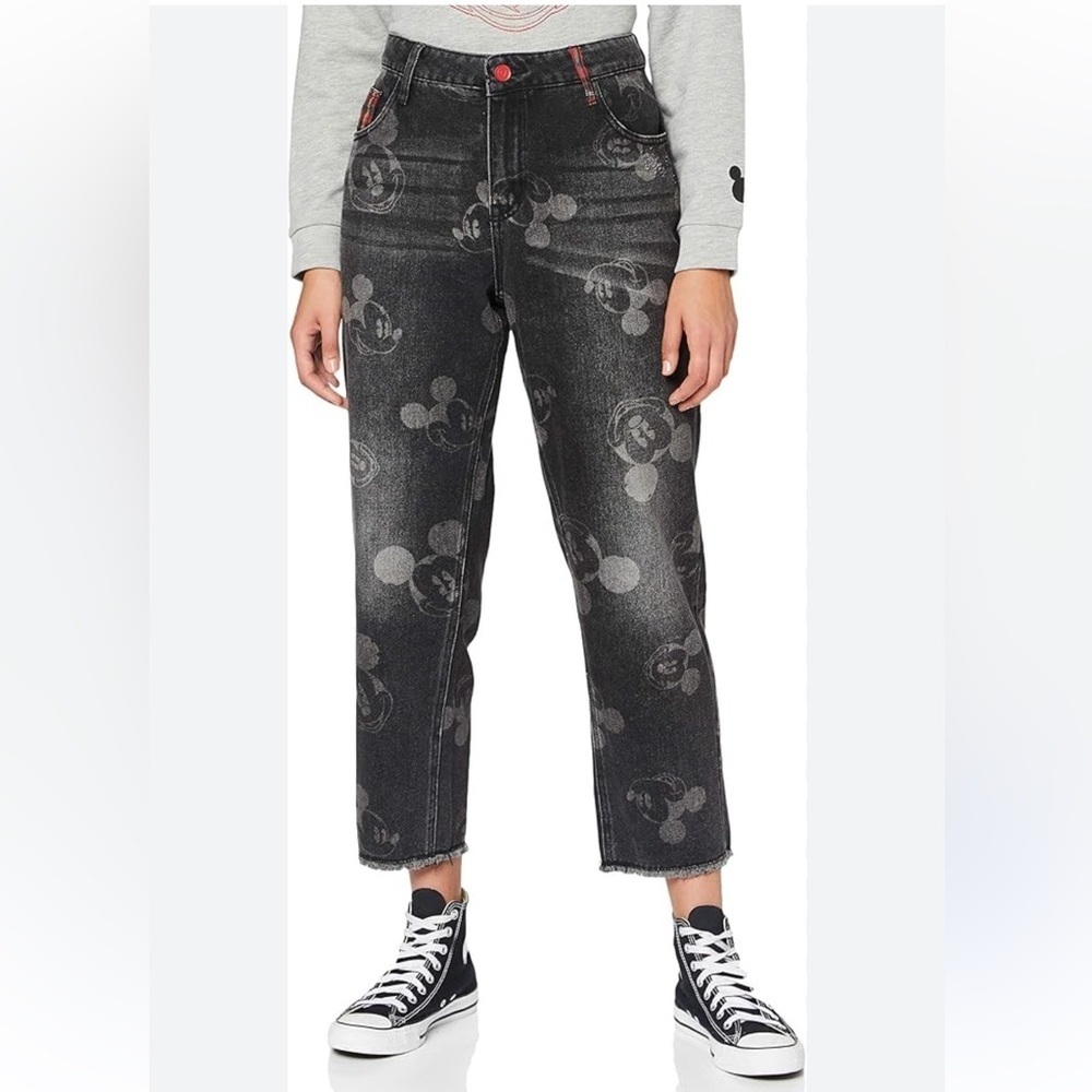 Desigual Women's Black Mickey Mouse Print Jeans Straight Leg Raw Hem SZ 34